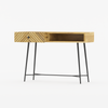 Front view of the Tafari console table in natural oak featuring a chevron-patterned drawer, open storage cubby, and black metal hairpin legs