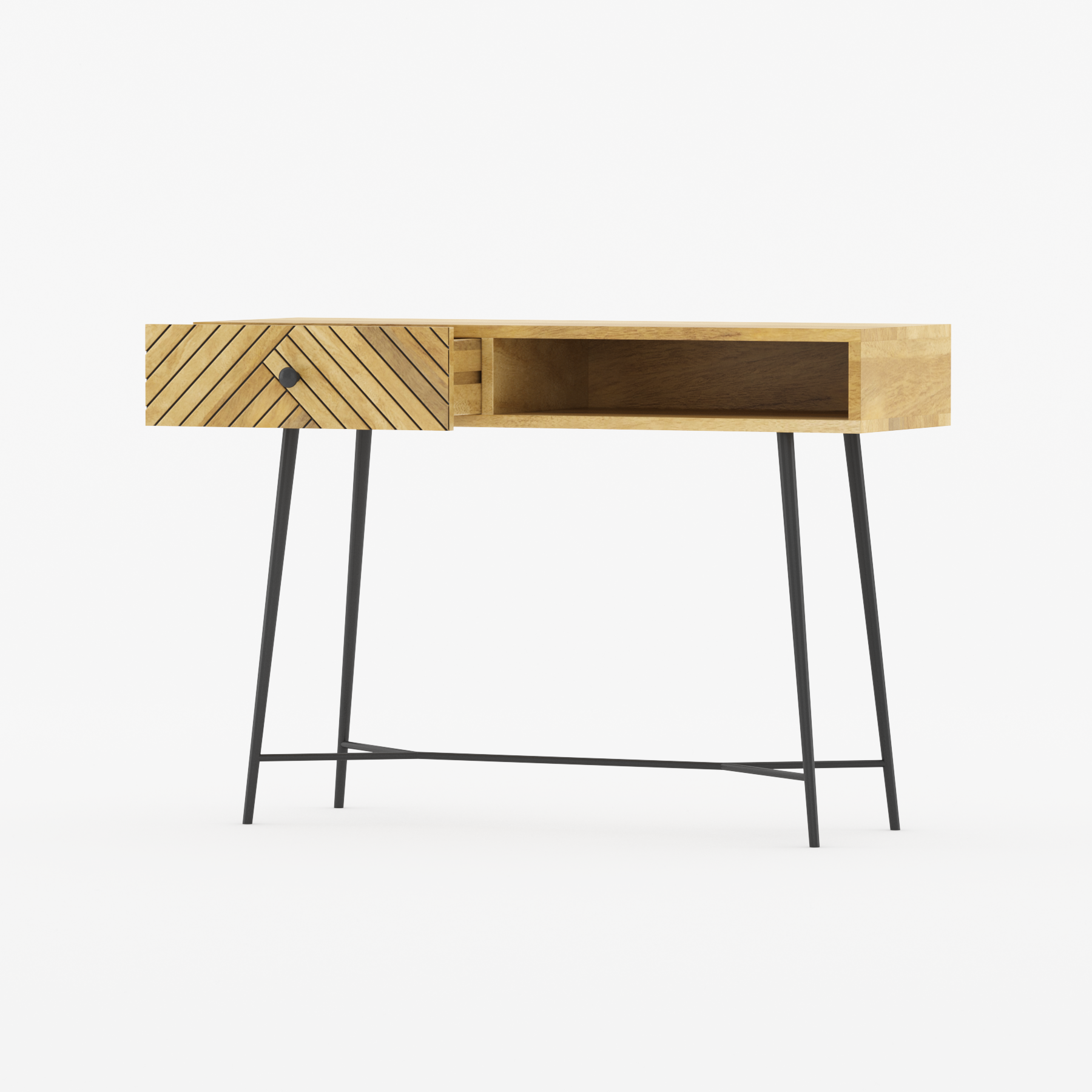 Front view of the Tafari console table in natural oak featuring a chevron-patterned drawer, open storage cubby, and black metal hairpin legs