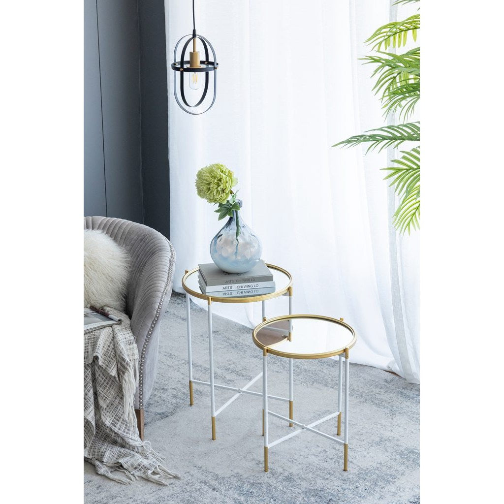 Tara nesting side tables set with gold rims and white tripod legs
