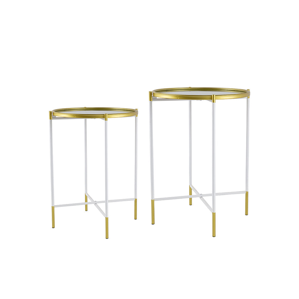 Tara nesting side tables set with gold rims and white tripod legs