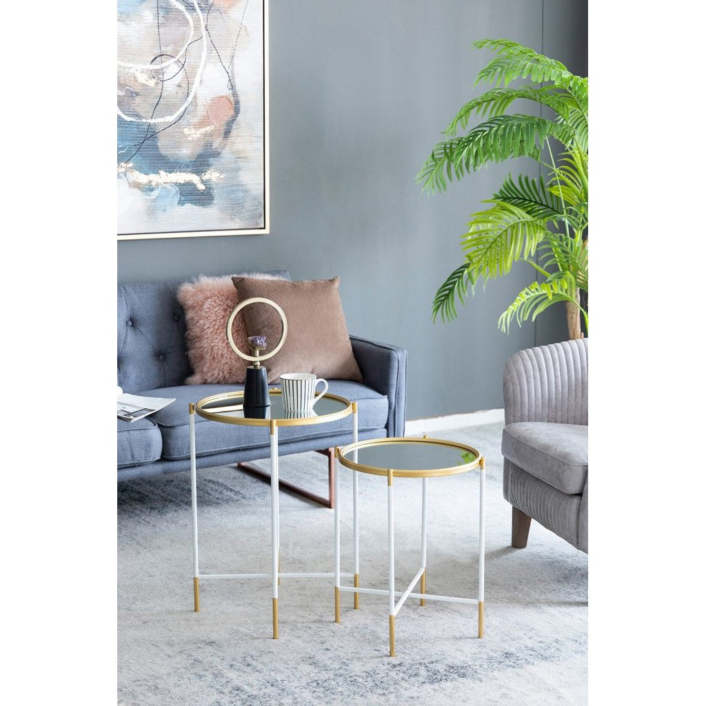 Tara nesting side tables set with gold rims and white tripod legs