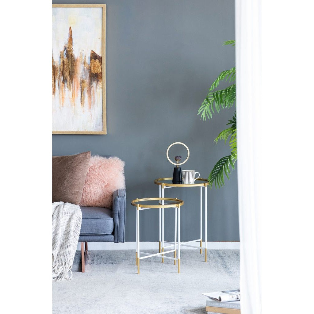 Tara nesting side tables set with gold rims and white tripod legs