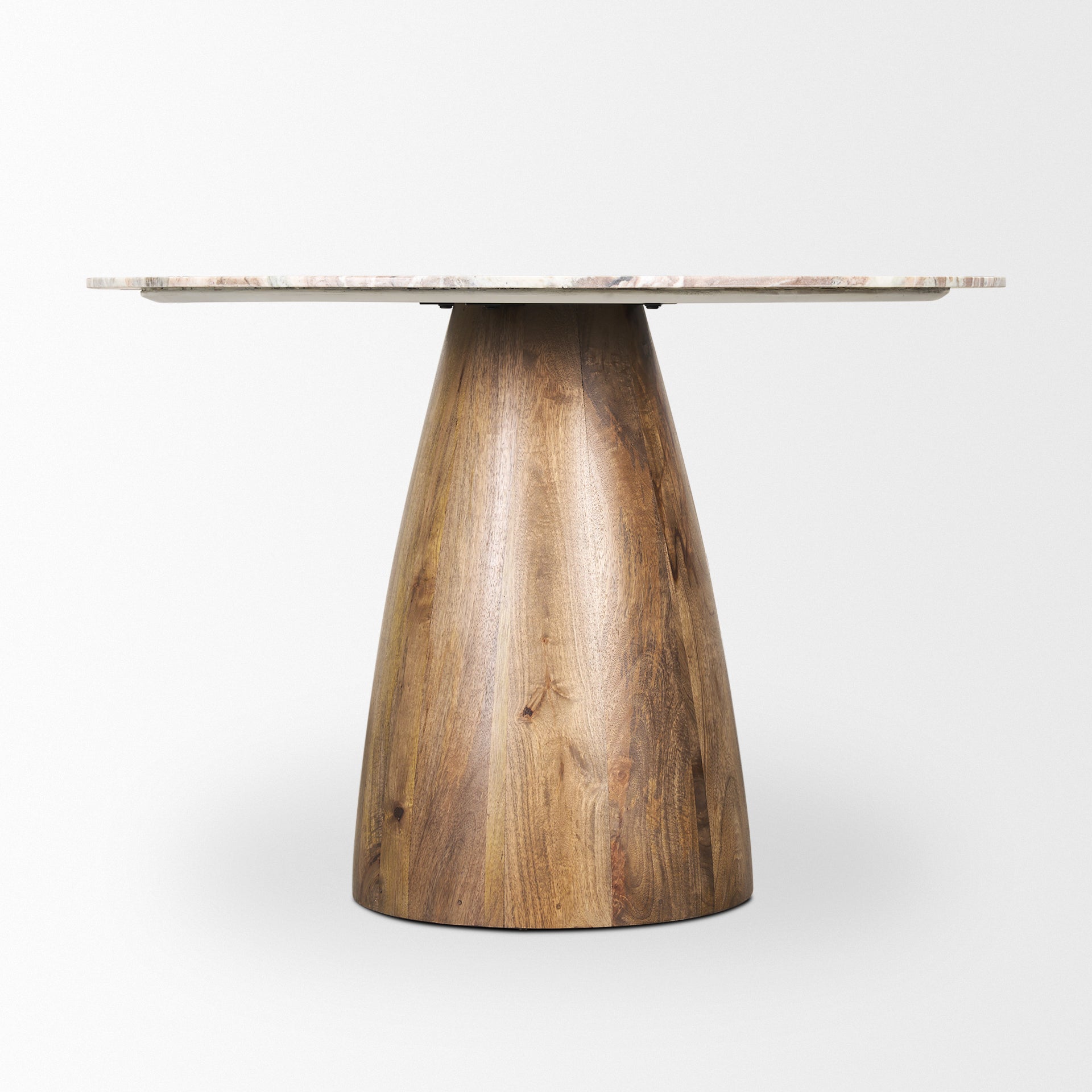 Front view of the Allyson round dining table featuring a white marble top and a solid mango wood tapered pedestal base