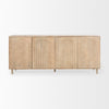 Front view of the Tucker sideboard featuring a natural light wash finish and four doors with elegant recessed arched panel details