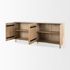 Perspective view with cabinet doors open revealing a spacious light-toned interior with fixed full-length storage shelving