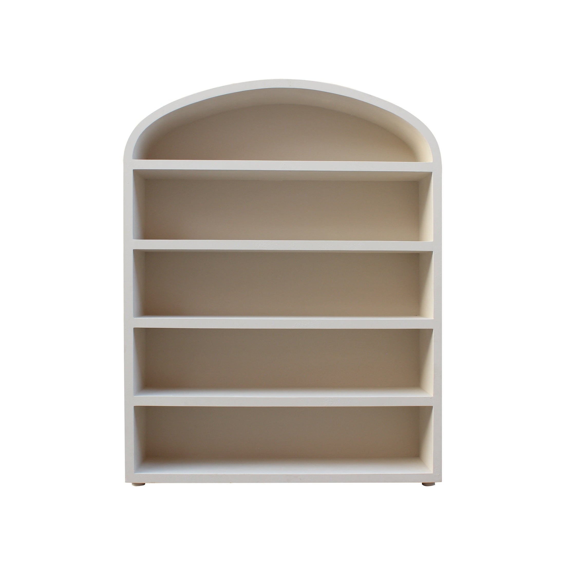 Straight-on front view of the Tuuli bookshelf featuring a clean arched top silhouette and five spacious fixed shelves in a matte white finish