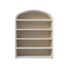 Straight-on front view of the Tuuli bookshelf featuring a clean arched top silhouette and five spacious fixed shelves in a matte white finish