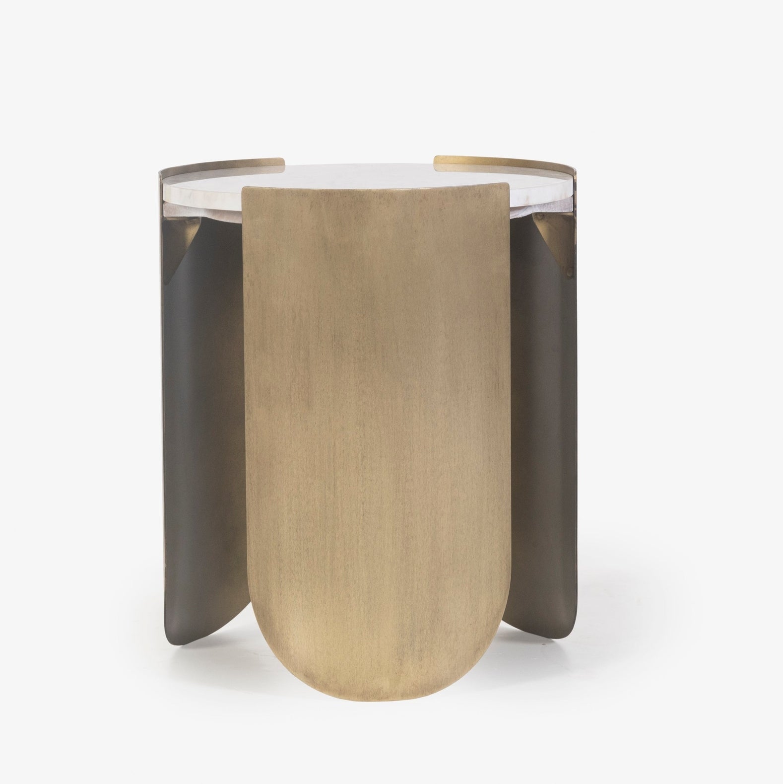 Front perspective view of the Verker side table featuring a circular marble top and a unique cross-base pedestal crafted from solid grey and white veined marble