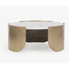 Perspective shot highlighting the unique architectural base made of four curved antique brass panels supporting the round marble tabletop