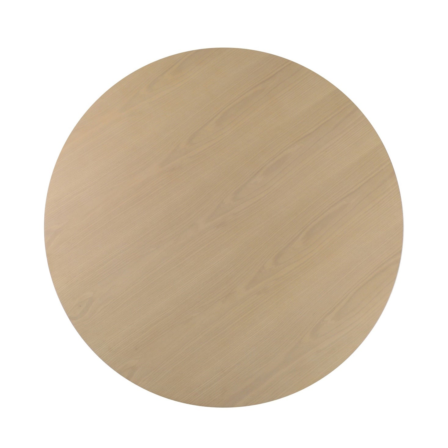 Three-quarter perspective view highlighting the clean architectural lines and smooth circular top of the oak dining table