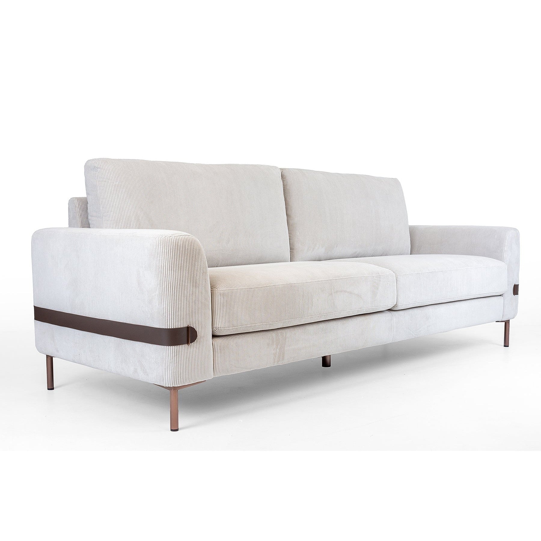 Vorda corduroy fabric sofa front view with vertical lines and copper metal legs