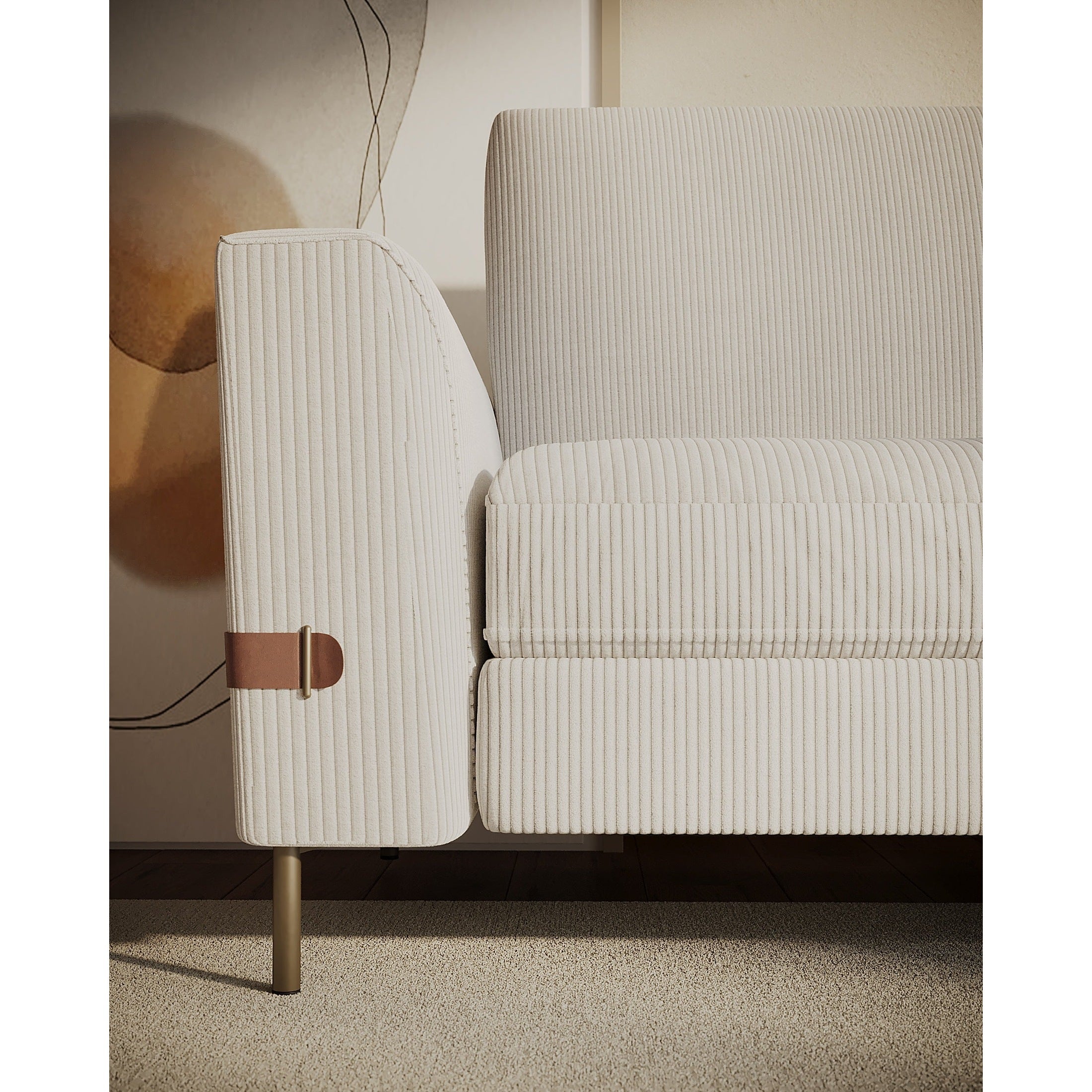 Vorda corduroy fabric sofa front view with vertical lines and copper metal legs