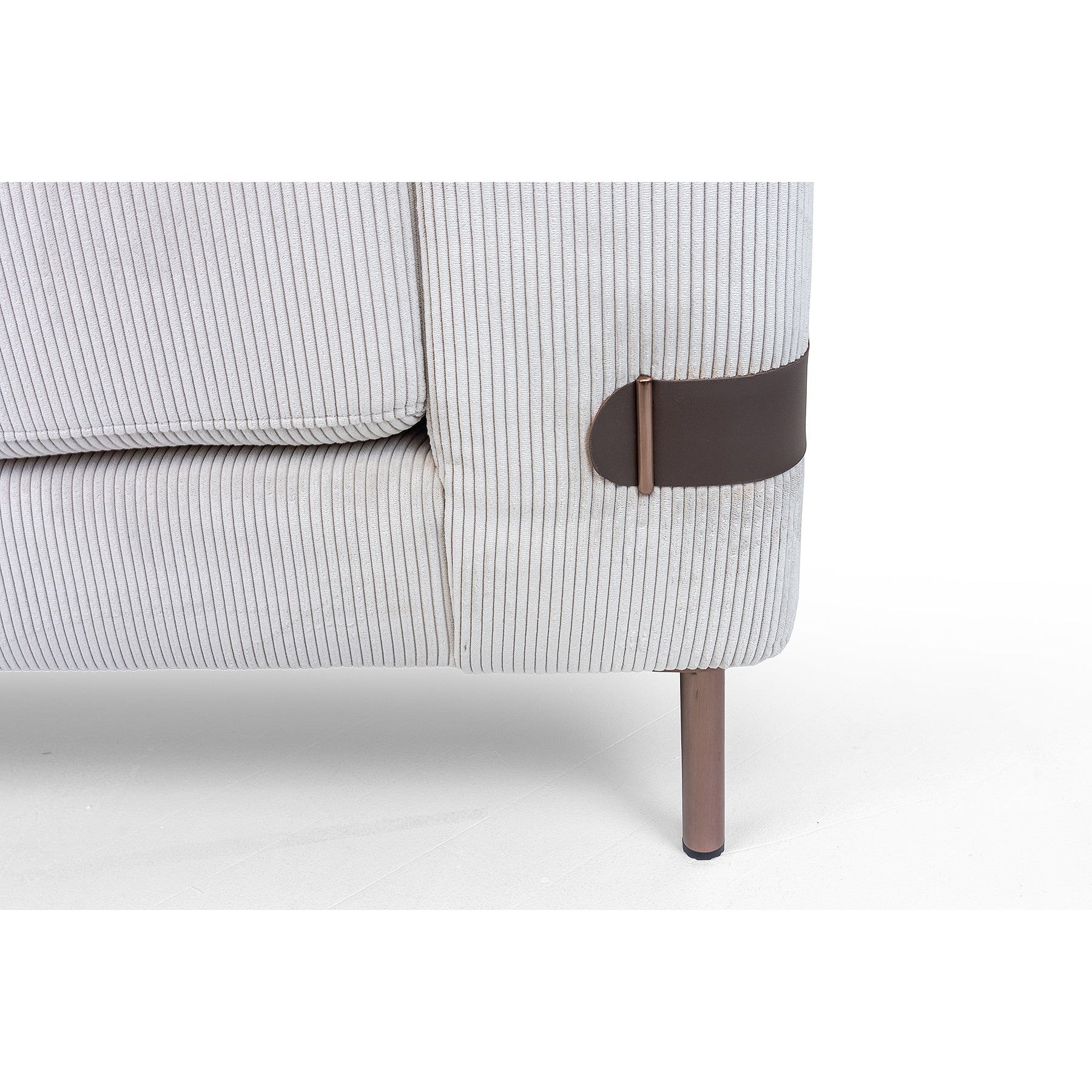 Vorda corduroy fabric sofa front view with vertical lines and copper metal legs