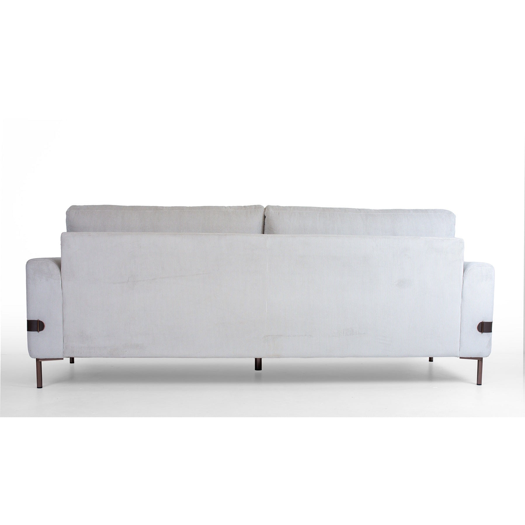 Vorda corduroy fabric sofa front view with vertical lines and copper metal legs