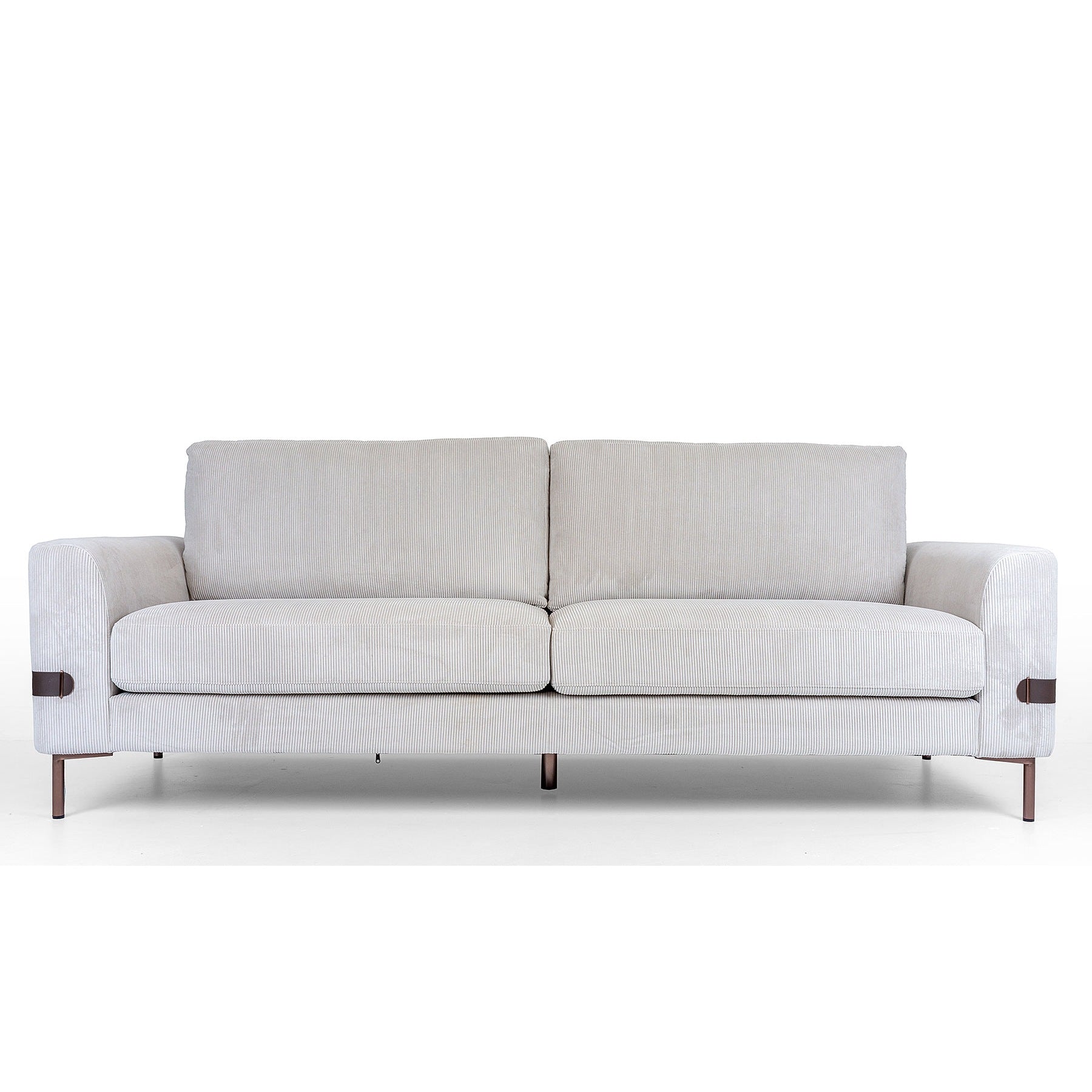 Vorda corduroy fabric sofa front view with vertical lines and copper metal legs