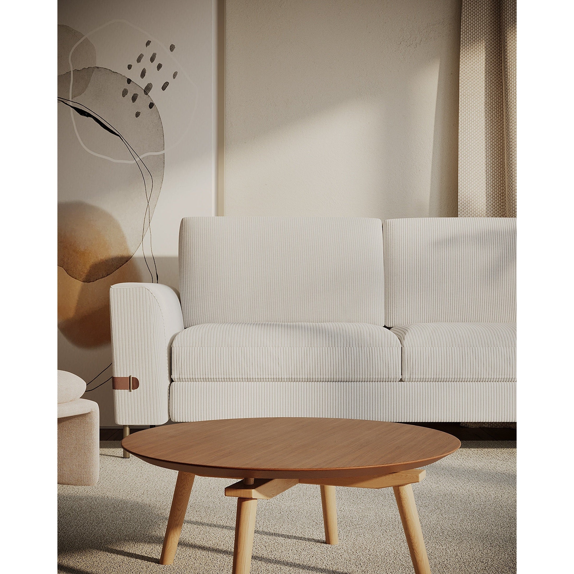 Vorda corduroy fabric sofa front view with vertical lines and copper metal legs