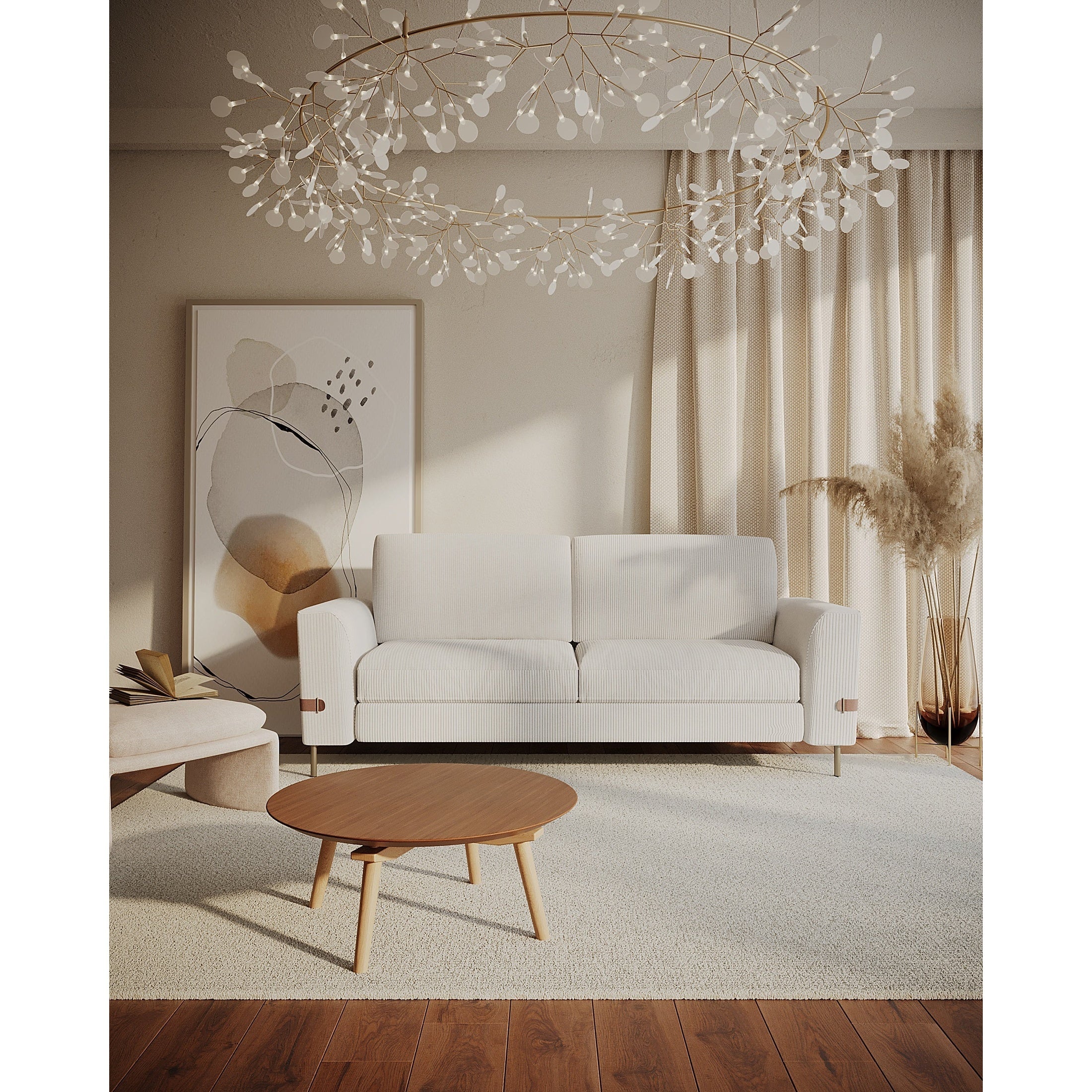 Vorda corduroy fabric sofa front view with vertical lines and copper metal legs