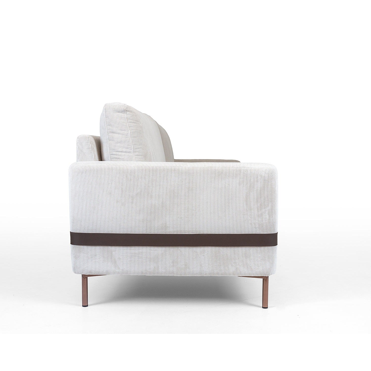 Vorda corduroy fabric sofa front view with vertical lines and copper metal legs