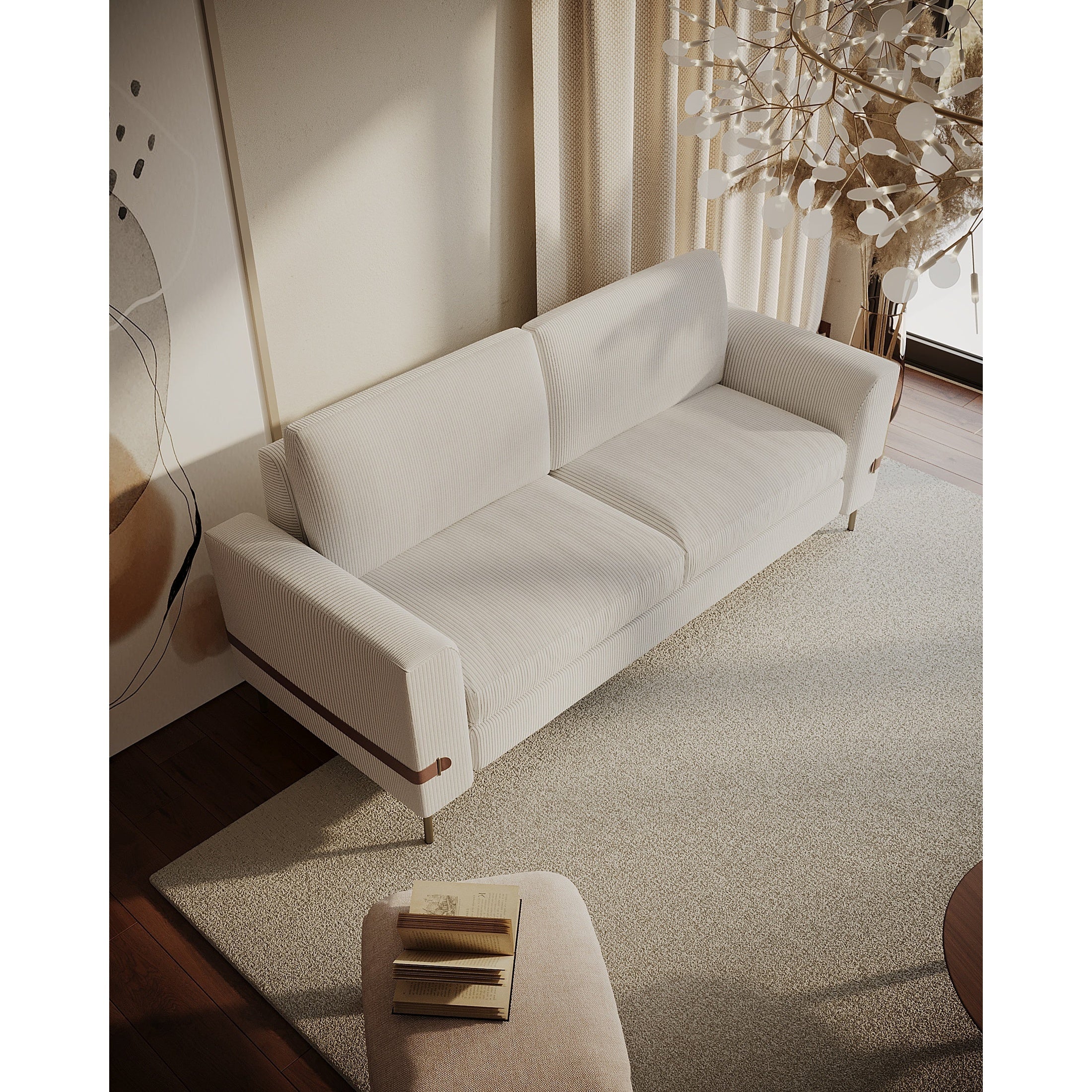 Vorda corduroy fabric sofa front view with vertical lines and copper metal legs