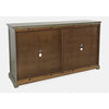 Rear view showcasing the finished back panel and solid wood construction of the grey unit