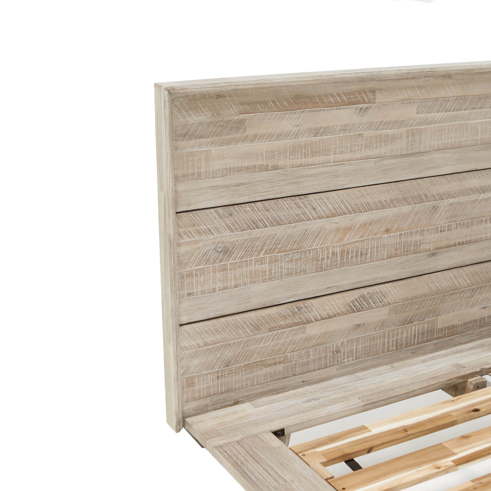 Front view of the Gia platform bed featuring a clean-lined headboard with horizontal wood planks in a weathered light oak finish