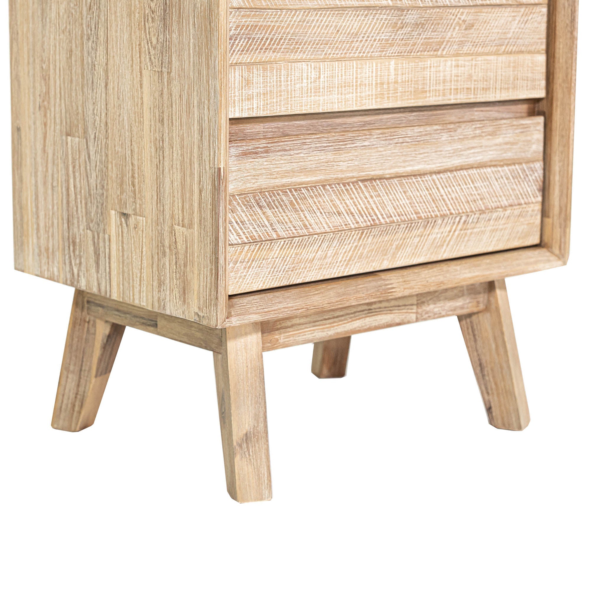 Front view of the Gia 2-drawer nightstand featuring a weathered light oak finish and architectural tapered solid wood legs