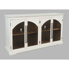 Three-quarter perspective view highlighting the crisp white finish and arched architectural door panels