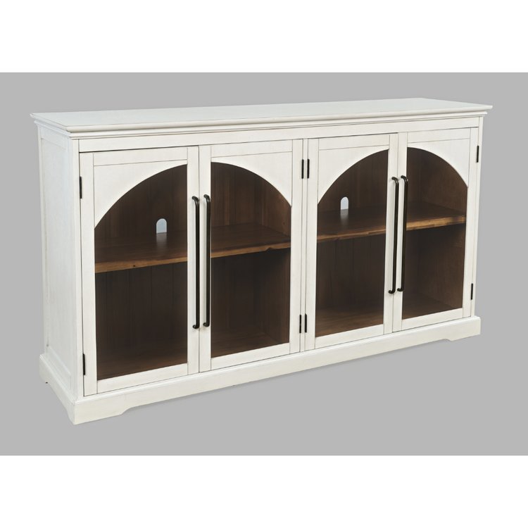 Straight-on front view of the Archdale accent cabinet in a weathered grey finish featuring four arched glass-front doors