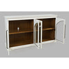 Perspective view of the white cabinet with doors open revealing the natural wood interior shelves