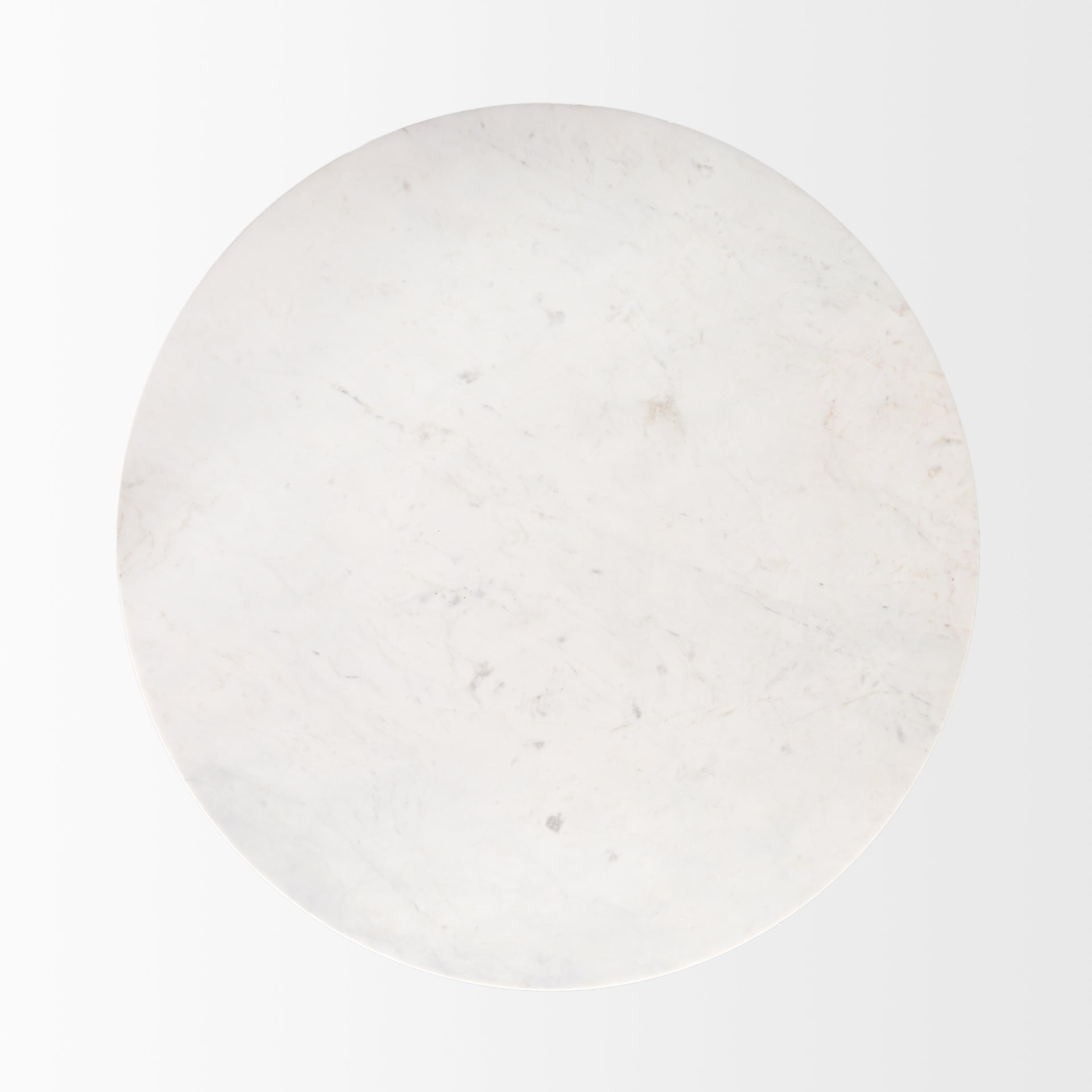 Front view of the Allyson round dining table featuring a white marble top and a solid mango wood tapered pedestal base
