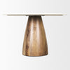 Low-angle perspective view emphasizing the expansive tabletop and the organic aesthetic of the mango wood pedestal