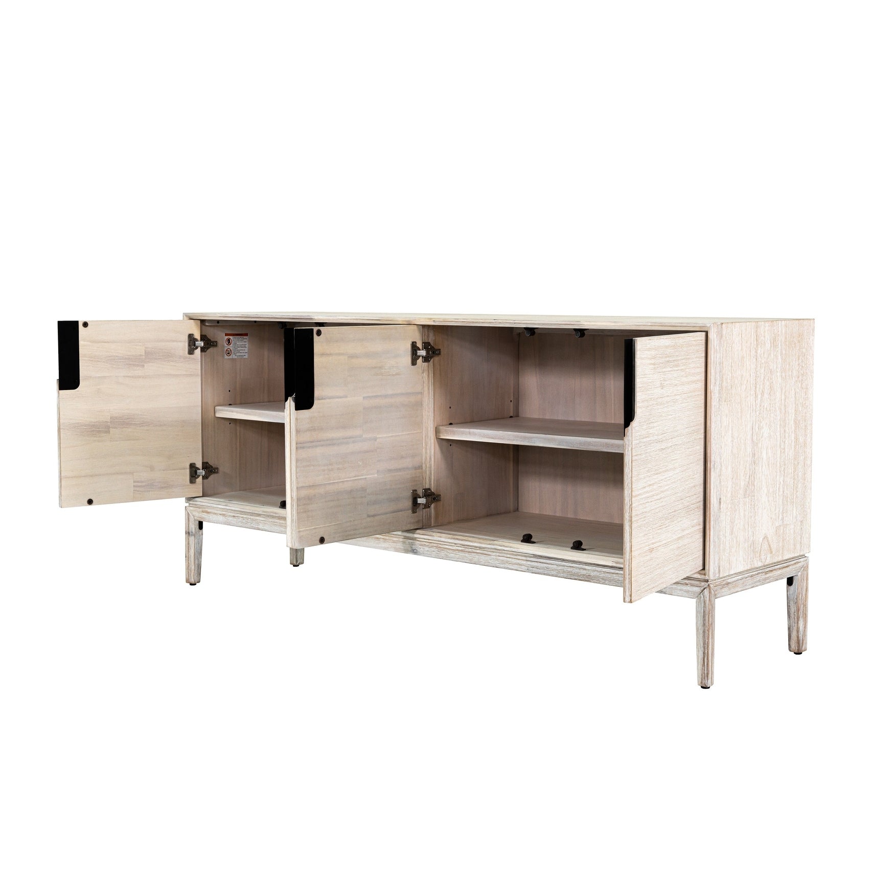 Straight-on front view of the Gemini sideboard featuring a light whitewashed wood finish and four handle-free cabinet doors
