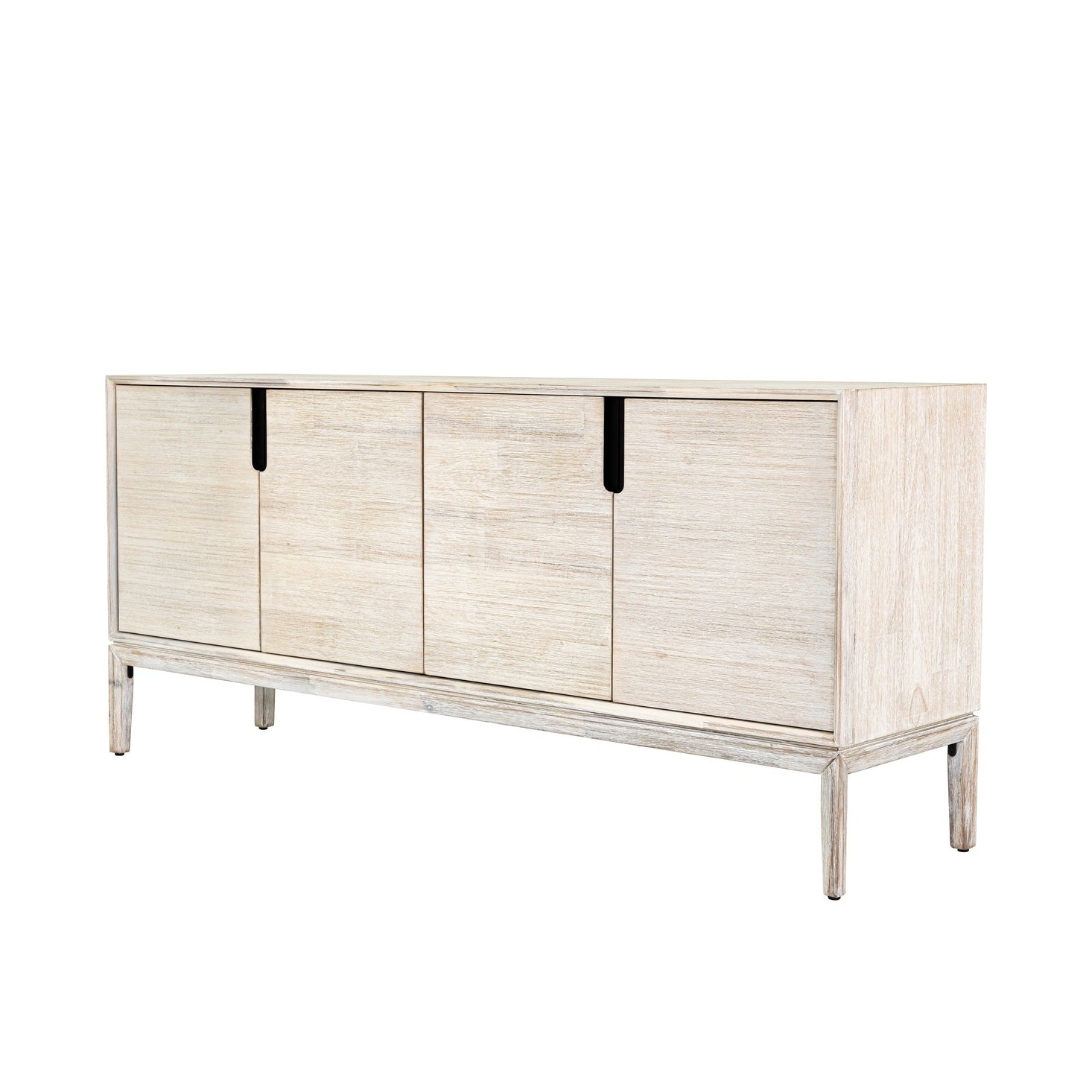 Straight-on front view of the Gemini sideboard featuring a light whitewashed wood finish and four handle-free cabinet doors